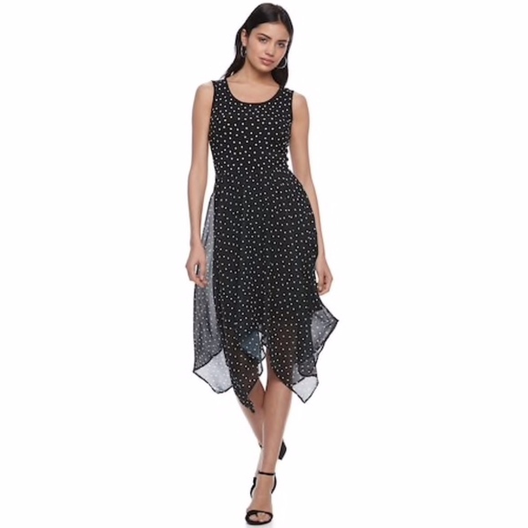 ELLE Dress Polka Dot Asymmetrical Sleeveless Chiffon Black & White Medium - Picture 1 of 5